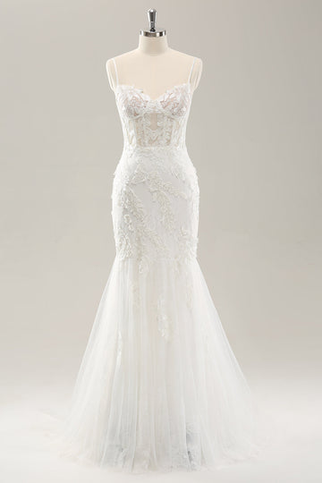 Hvid Havfrue Spaghetti Stropper Applique Blonde Korset Brudekjole med snørebånd Tilbage